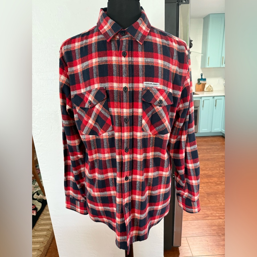 ☠️ Sailor Jerry Red and Blue Plaid Casual Flannel Button Down Shirt